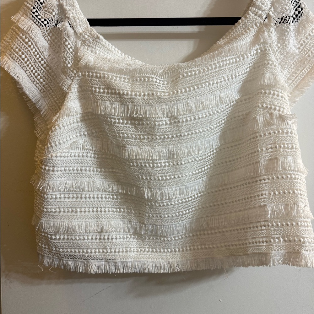 White House Black Market White Blouse off the shoulder fringe top